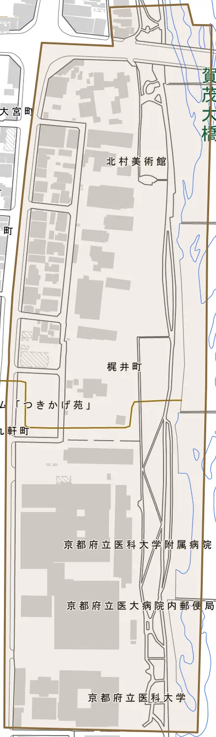 梶井町とその周辺の地図。町の範囲を重ねている