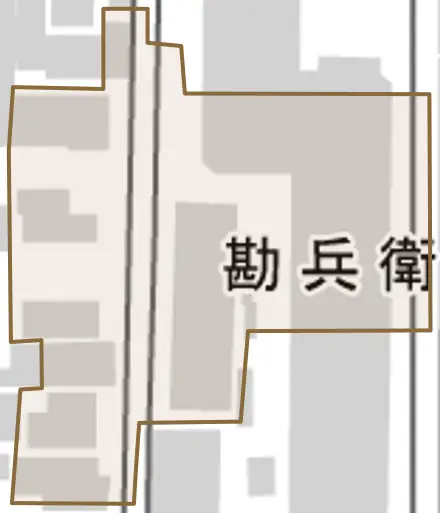 勘兵衛町とその周辺の地図。町の範囲を重ねている