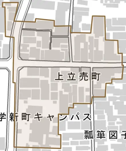 上立売町とその周辺の地図。町の範囲を重ねている