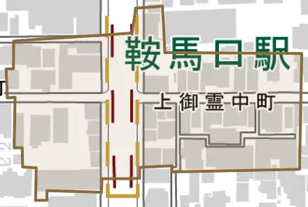 上御霊中町とその周辺の地図。町の範囲を重ねている