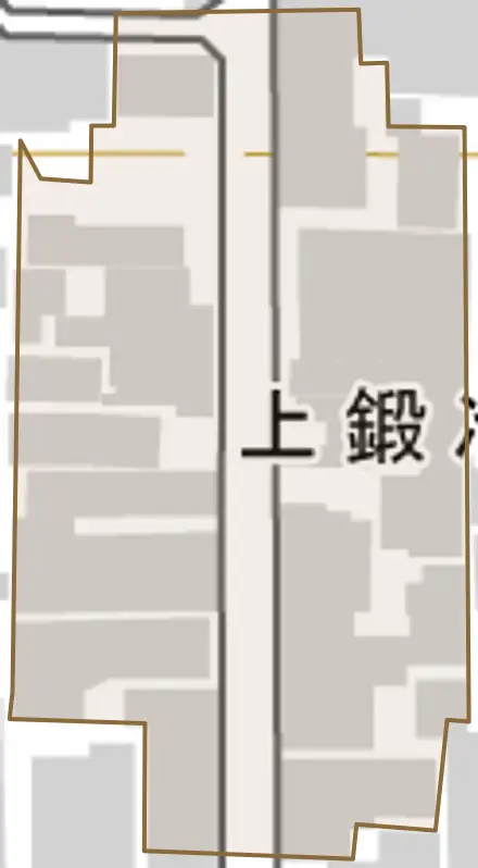 上鍛冶町とその周辺の地図。町の範囲を重ねている