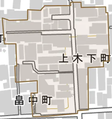 上木下町とその周辺の地図。町の範囲を重ねている