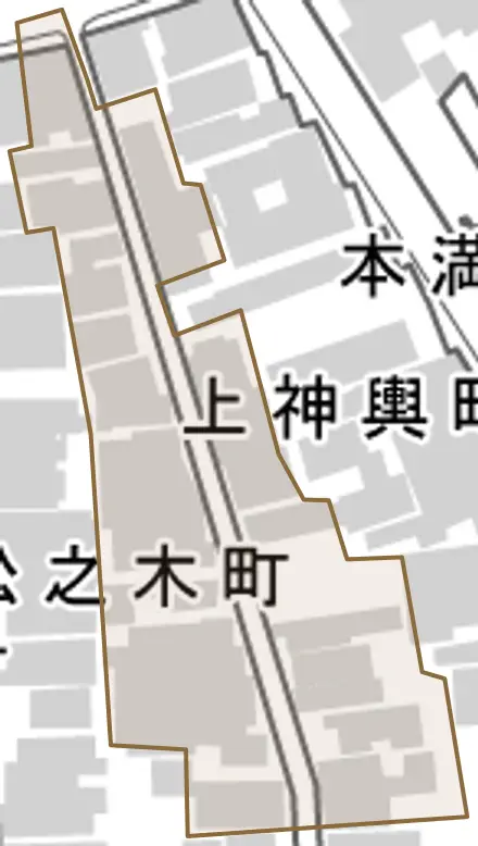 上神輿町とその周辺の地図。町の範囲を重ねている