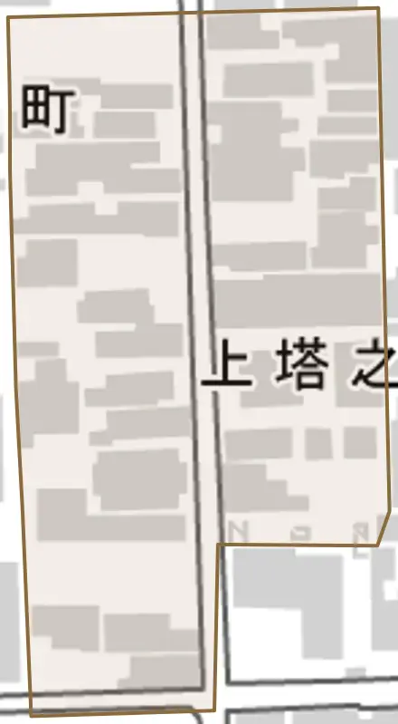 上塔之段町とその周辺の地図。町の範囲を重ねている