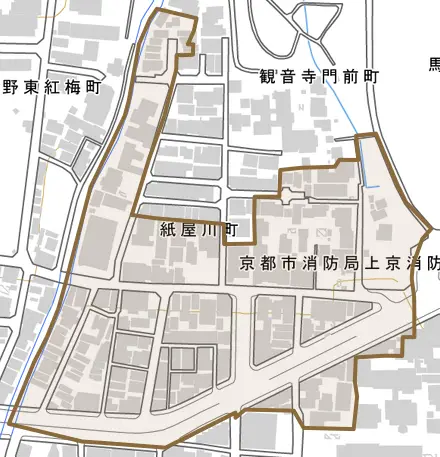 紙屋川町とその周辺の地図。町の範囲を重ねている
