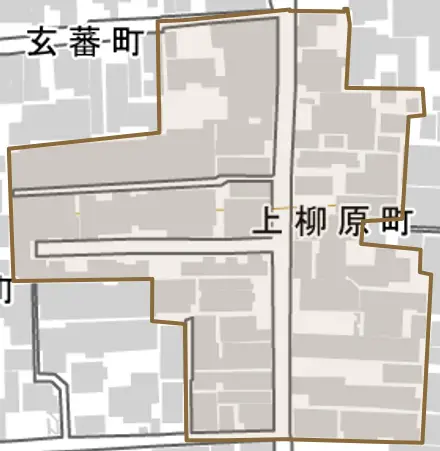 上柳原町とその周辺の地図。町の範囲を重ねている
