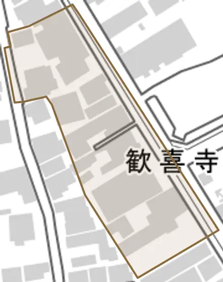 歓喜寺前町とその周辺の地図。町の範囲を重ねている