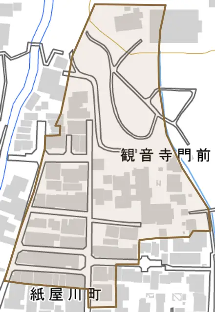 観音寺門前町とその周辺の地図。町の範囲を重ねている