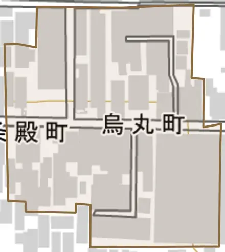烏丸町とその周辺の地図。町の範囲を重ねている