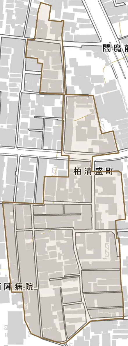 柏清盛町とその周辺の地図。町の範囲を重ねている