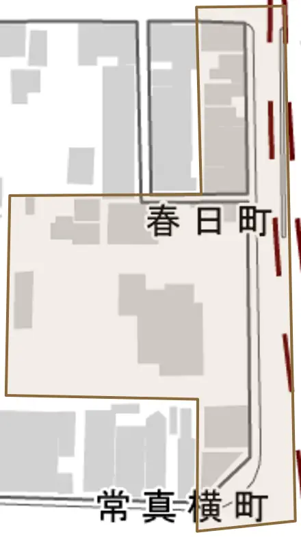 春日町とその周辺の地図。町の範囲を重ねている