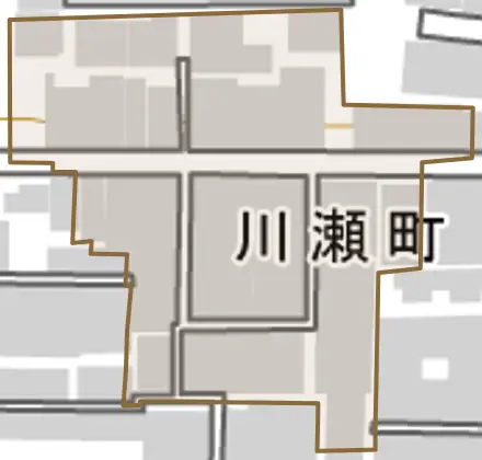川瀬町とその周辺の地図。町の範囲を重ねている