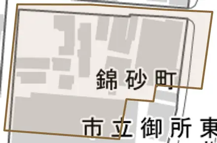 錦砂町とその周辺の地図。町の範囲を重ねている