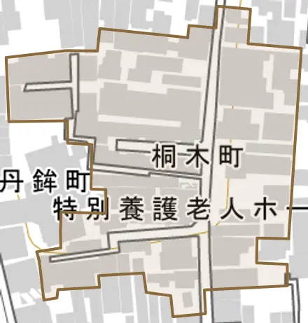 桐木町とその周辺の地図。町の範囲を重ねている