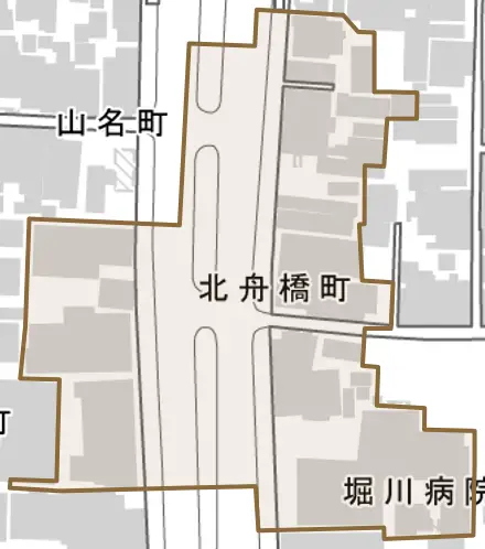 北舟橋町とその周辺の地図。町の範囲を重ねている