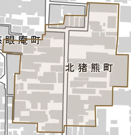 北猪熊町とその周辺の地図。町の範囲を重ねている