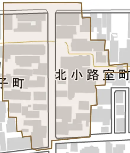 北小路室町とその周辺の地図。町の範囲を重ねている