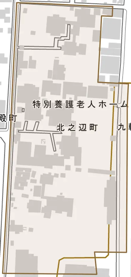 北之辺町とその周辺の地図。町の範囲を重ねている