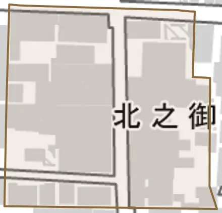 北之御門町とその周辺の地図。町の範囲を重ねている