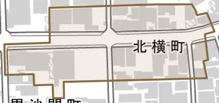 北横町とその周辺の地図。町の範囲を重ねている