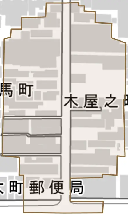 木屋之町とその周辺の地図。町の範囲を重ねている