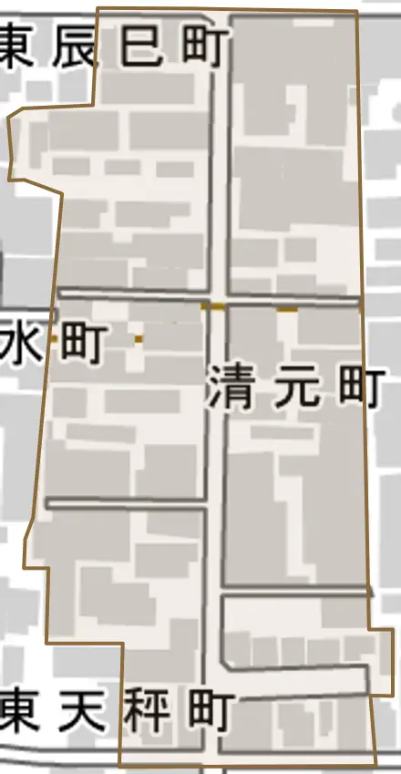 清元町とその周辺の地図。町の範囲を重ねている