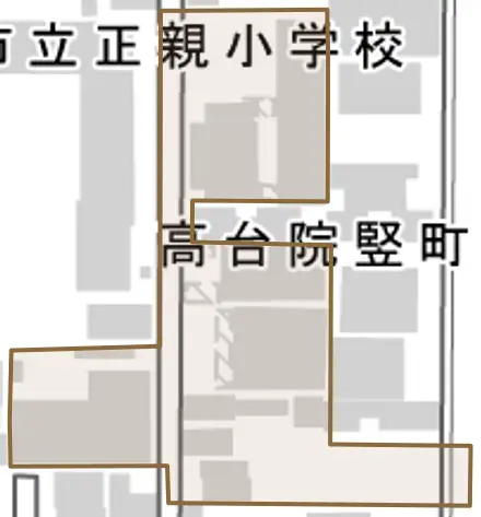 高台院竪町とその周辺の地図。町の範囲を重ねている