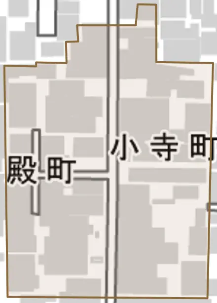 小寺町とその周辺の地図。町の範囲を重ねている