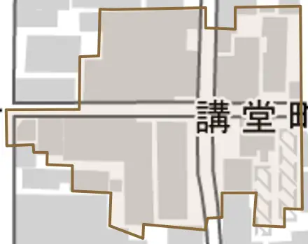 講堂町とその周辺の地図。町の範囲を重ねている