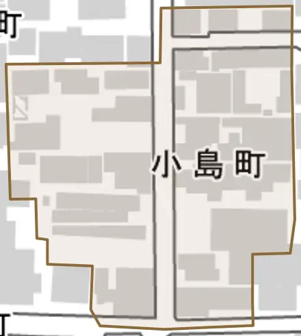 小島町とその周辺の地図。町の範囲を重ねている