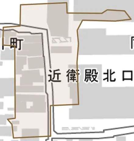 近衛殿北口町とその周辺の地図。町の範囲を重ねている