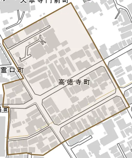 高徳寺町とその周辺の地図。町の範囲を重ねている