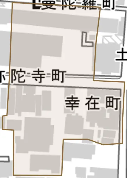 幸在町とその周辺の地図。町の範囲を重ねている
