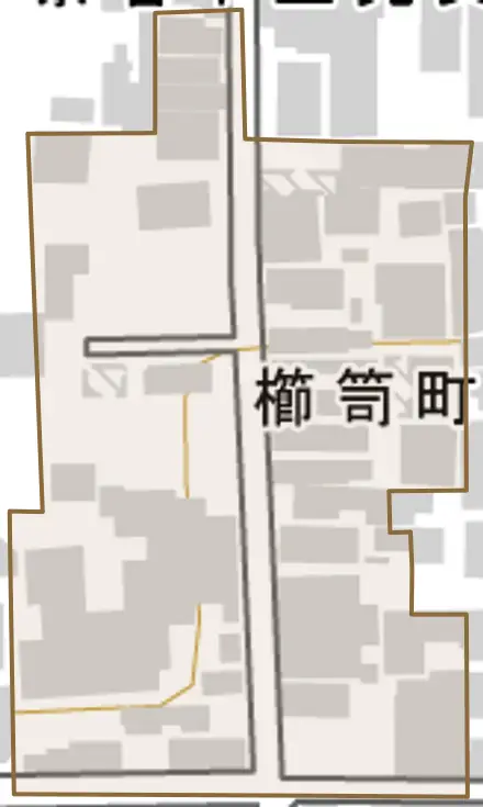 櫛笥町とその周辺の地図。町の範囲を重ねている