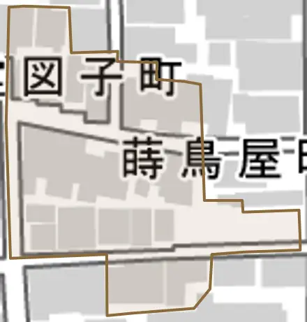 蒔鳥屋町とその周辺の地図。町の範囲を重ねている