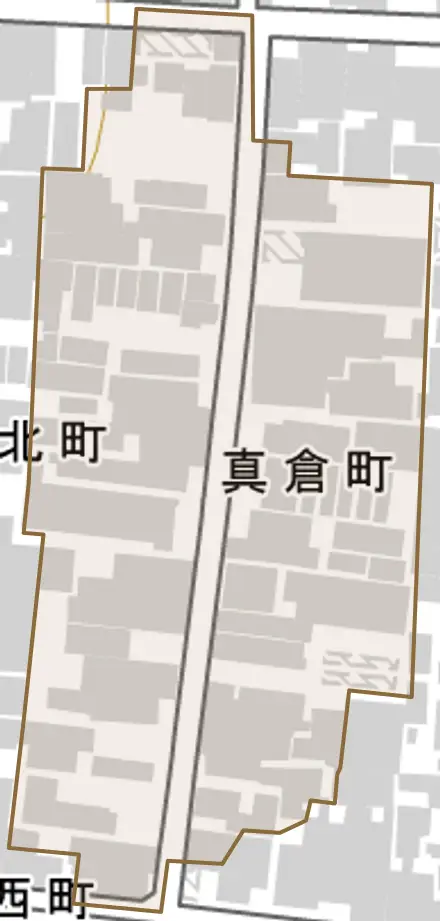真倉町とその周辺の地図。町の範囲を重ねている