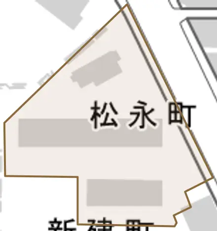 松永町とその周辺の地図。町の範囲を重ねている