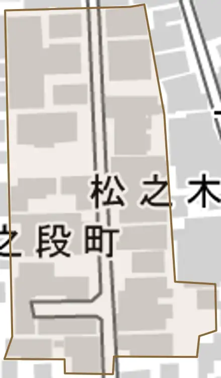 松之木町とその周辺の地図。町の範囲を重ねている