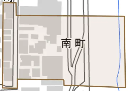 南町とその周辺の地図。町の範囲を重ねている