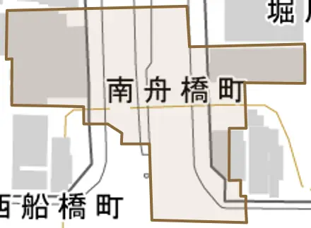 南舟橋町とその周辺の地図。町の範囲を重ねている