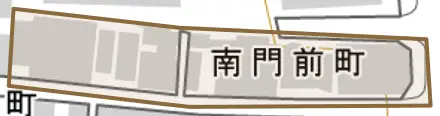 南門前町とその周辺の地図。町の範囲を重ねている