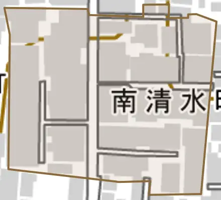 南清水町とその周辺の地図。町の範囲を重ねている