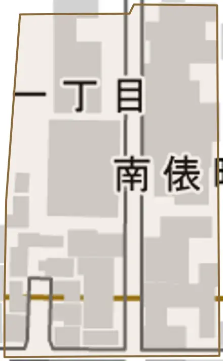 南俵町とその周辺の地図。町の範囲を重ねている