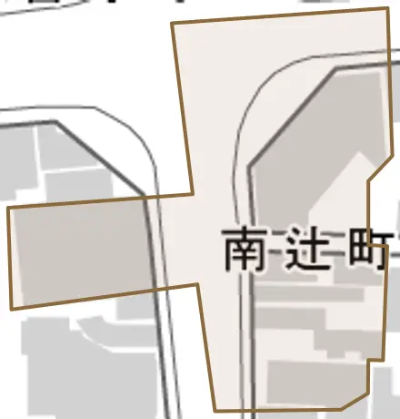 南辻町とその周辺の地図。町の範囲を重ねている