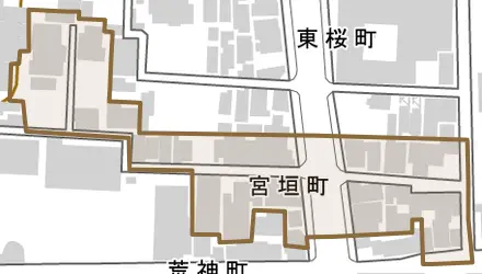 宮垣町とその周辺の地図。町の範囲を重ねている