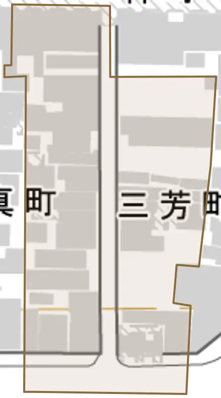 三芳町とその周辺の地図。町の範囲を重ねている