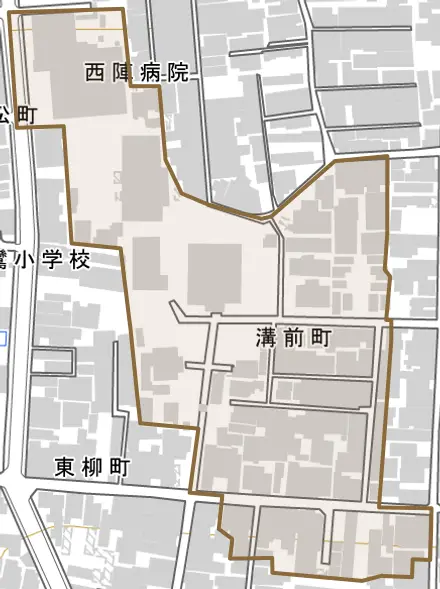 溝前町とその周辺の地図。町の範囲を重ねている