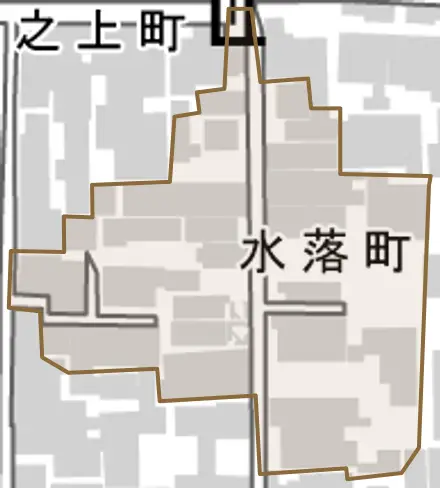 水落町とその周辺の地図。町の範囲を重ねている