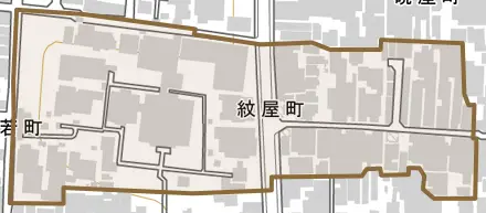 紋屋町とその周辺の地図。町の範囲を重ねている