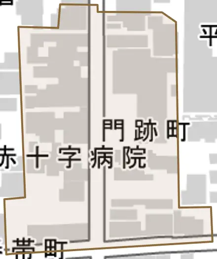 門跡町とその周辺の地図。町の範囲を重ねている